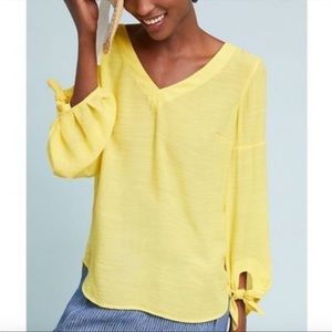 Anthropologie Yellow V-Neck Tie-Sleeve Blouse